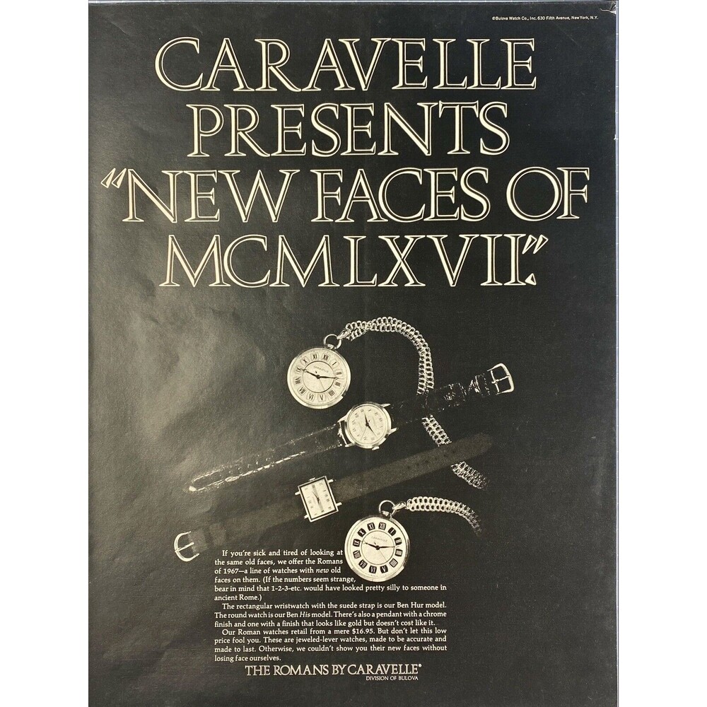 Caravelle Presents "The Romans Wristwatch With New Faces" Vintage Print Ad 1967